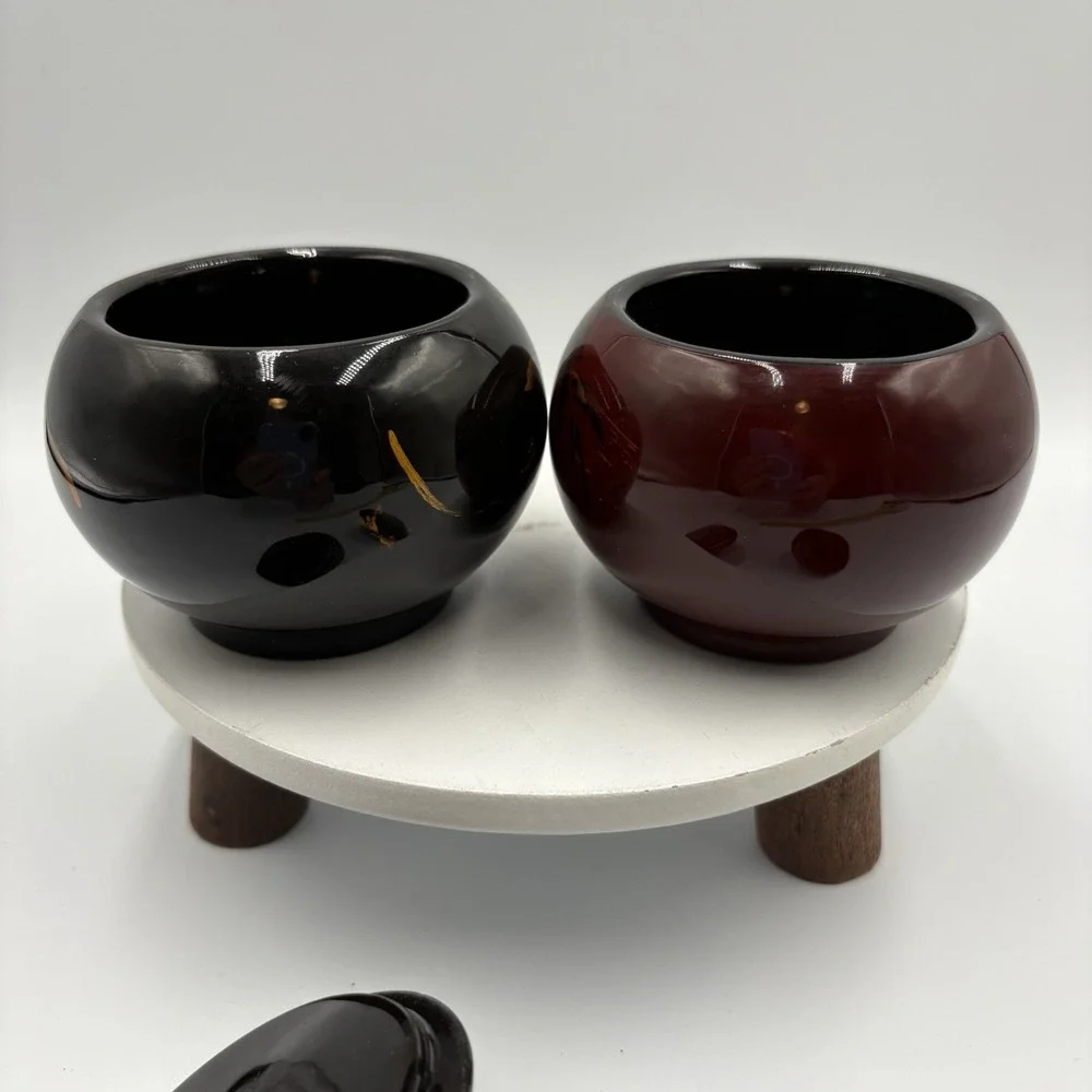 Vtg Asian lacquerware trinket boxes Set Of 2 hand-painted Red Black